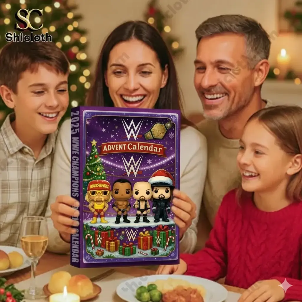 A family sitting at a dinner table holding a WWE Champions Advent Calendar.