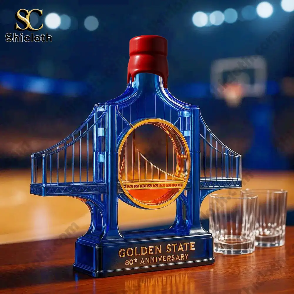 Golden State 80th Anniversary bottle designed in the shape of the Golden Gate Bridge, with a basketball court in the background.