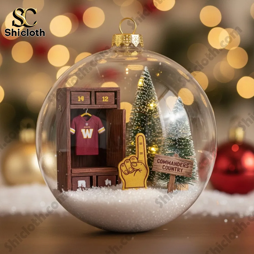 Washington Commanders Christmas Ornament Set Washington Football Holiday Decoration 2025 7 Locker scene with Washington jersey inside a Christmas ornament.