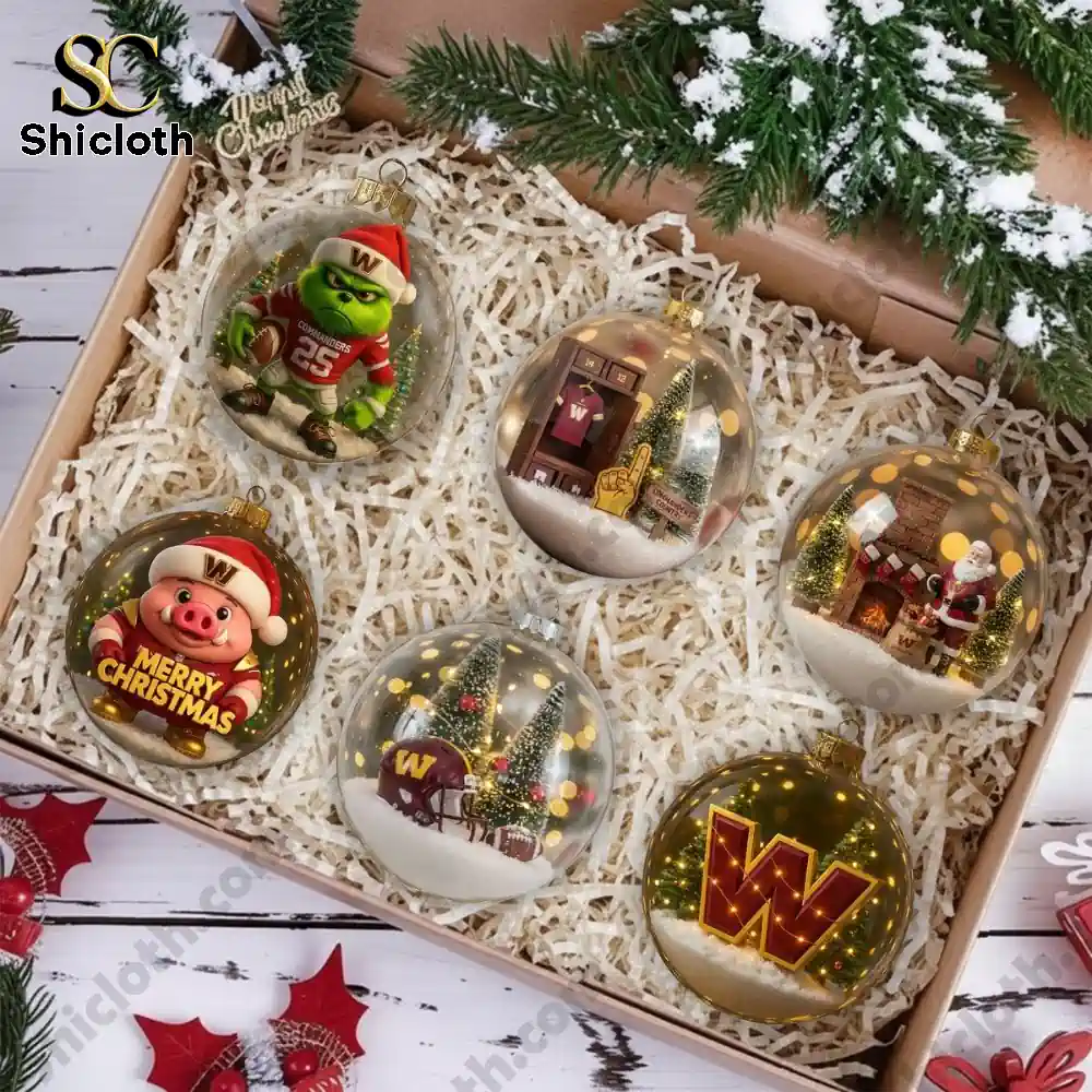 Washington Commanders Christmas Ornament Set Washington Football Holiday Decoration 2025 8 Six Washington themed Christmas ornaments arranged in a gift box.
