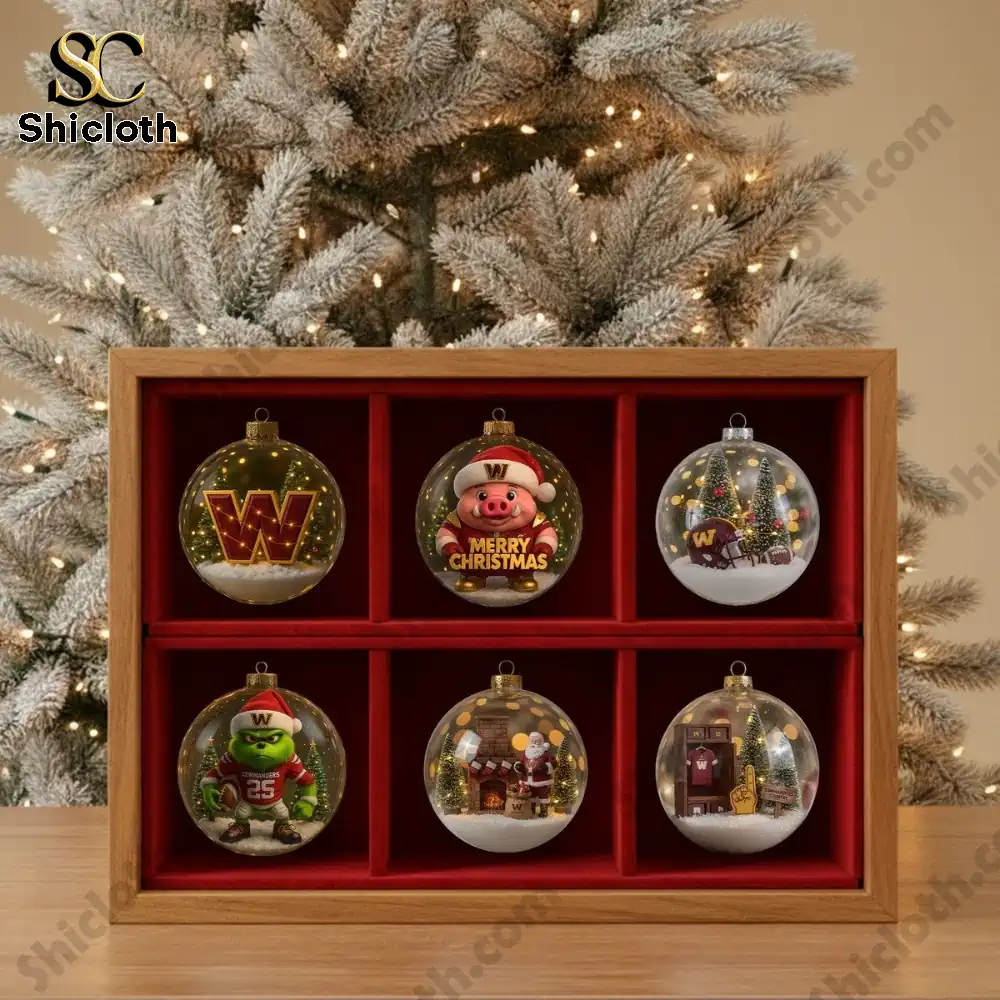 Washington Commanders Christmas Ornament Set Washington Football Holiday Decoration 2025 9 Washington themed ornaments displayed in a wooden holiday box.