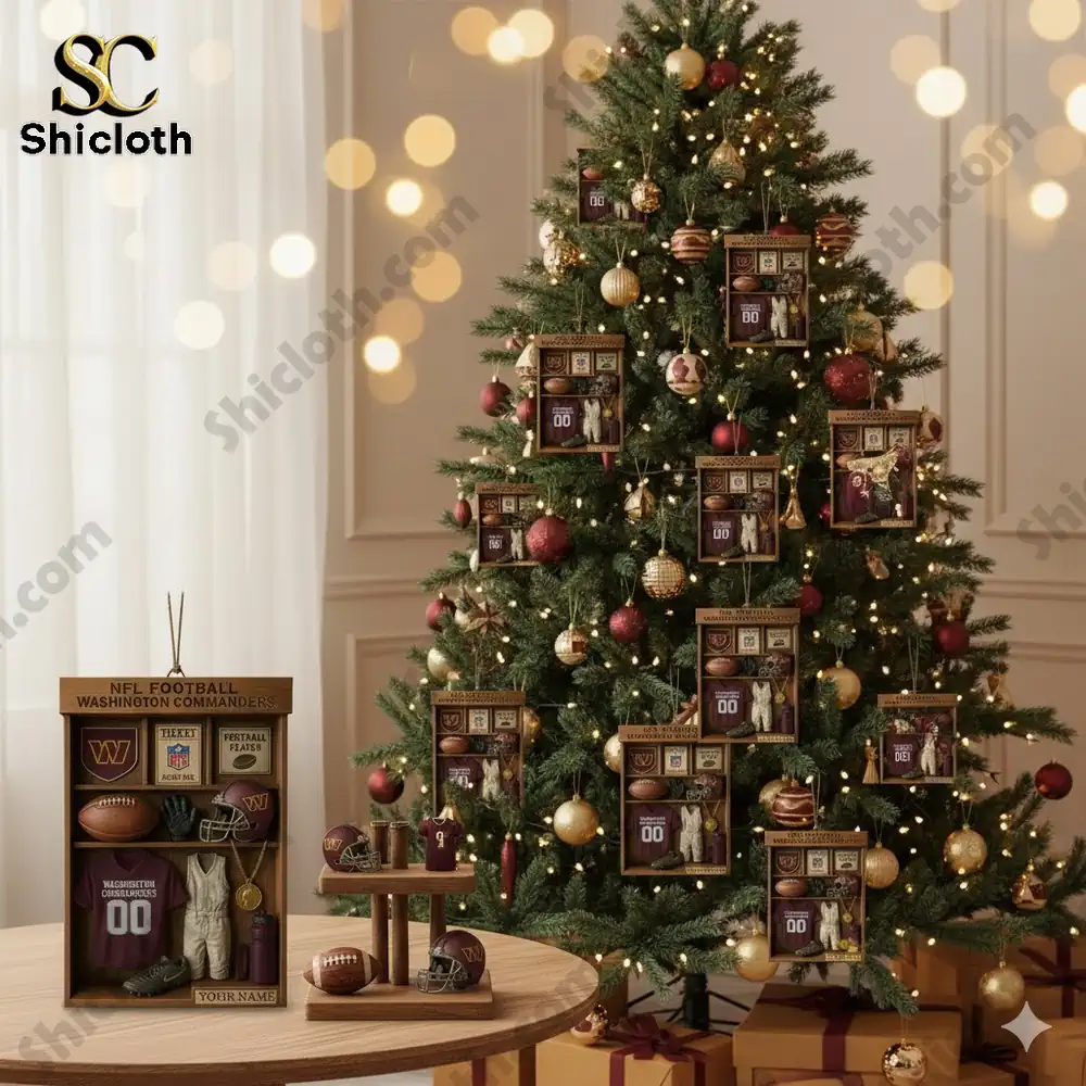 A decorated Christmas tree displaying multiple Washington Commanders themed ornaments.
