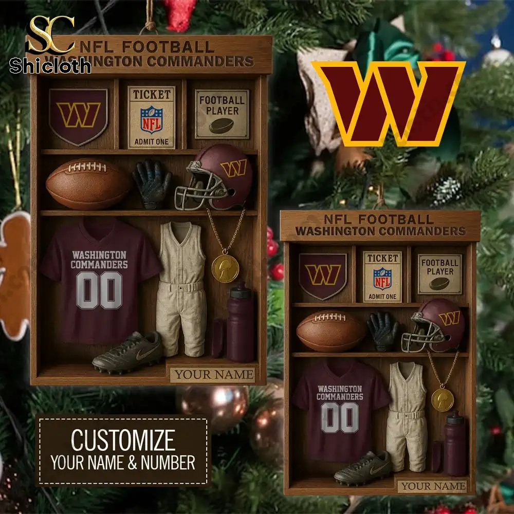 Two customizable Washington Commanders themed ornaments featuring miniature football gear.
