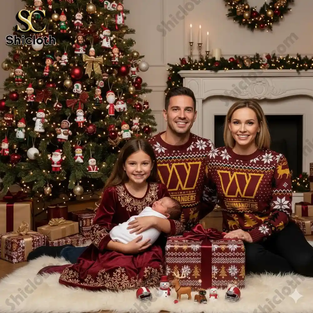 A family of four posing in front of a decorated Christmas tree with gifts, wearing matching Washington Commanders Christmas sweaters. The parents are holding their newborn while their daughter smiles beside them.