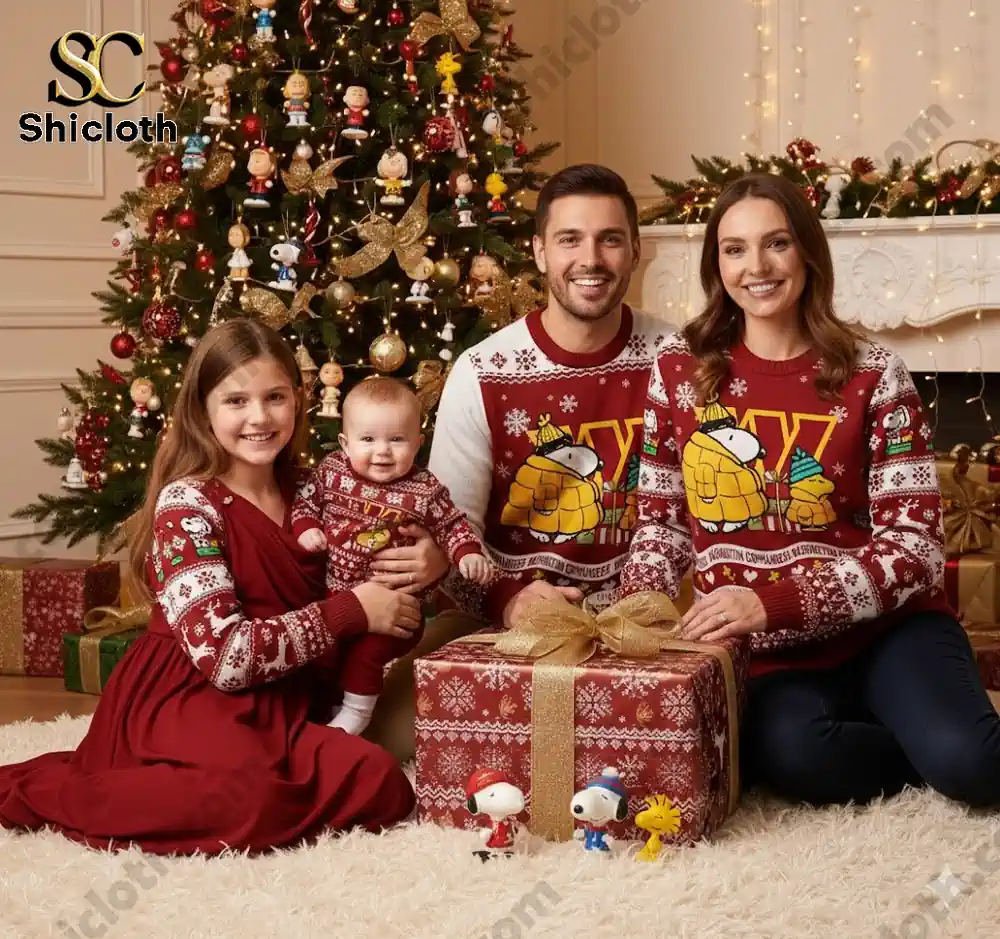 Family wearing matching red Snoopy Christmas sweaters near Christmas tree with presents.