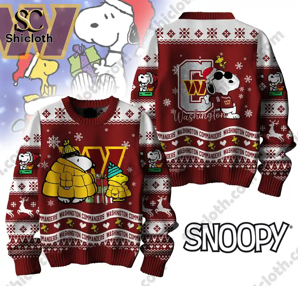 Close-up of Washington Commanders Snoopy Christmas sweater featuring Snoopy and Woodstock.