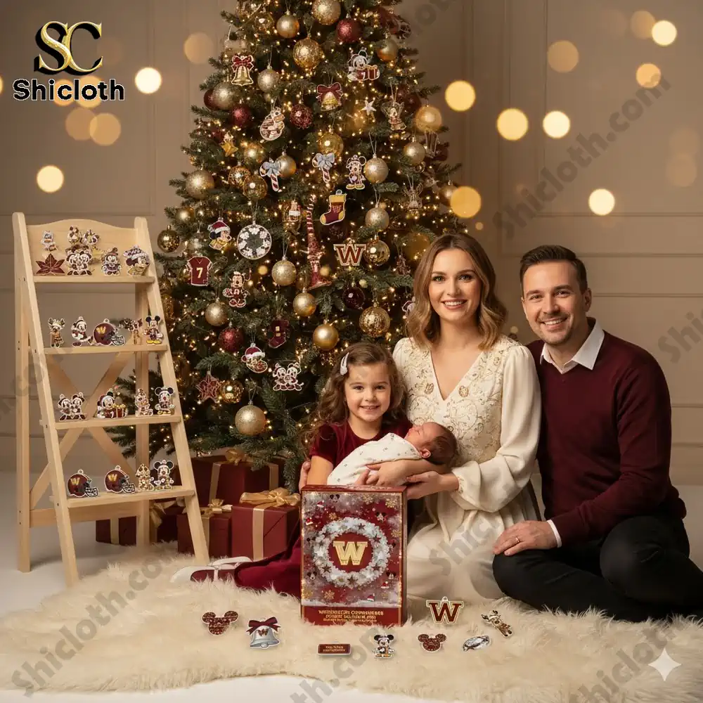 Family portrait by Christmas tree with Washington Commanders themed Advent calendar and ornaments by Shicloth!
