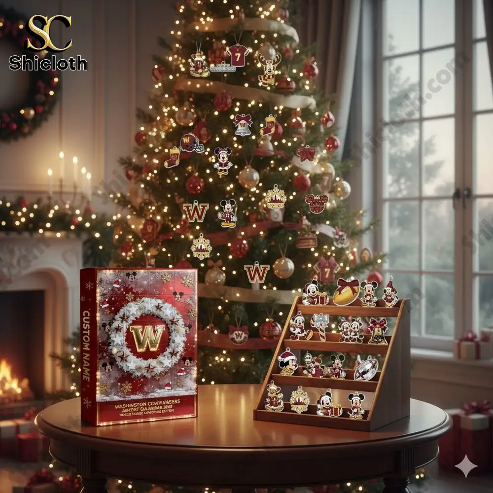 Display of Washington Commanders Advent calendar box and ornament rack beside a decorated Christmas tree by Shicloth!