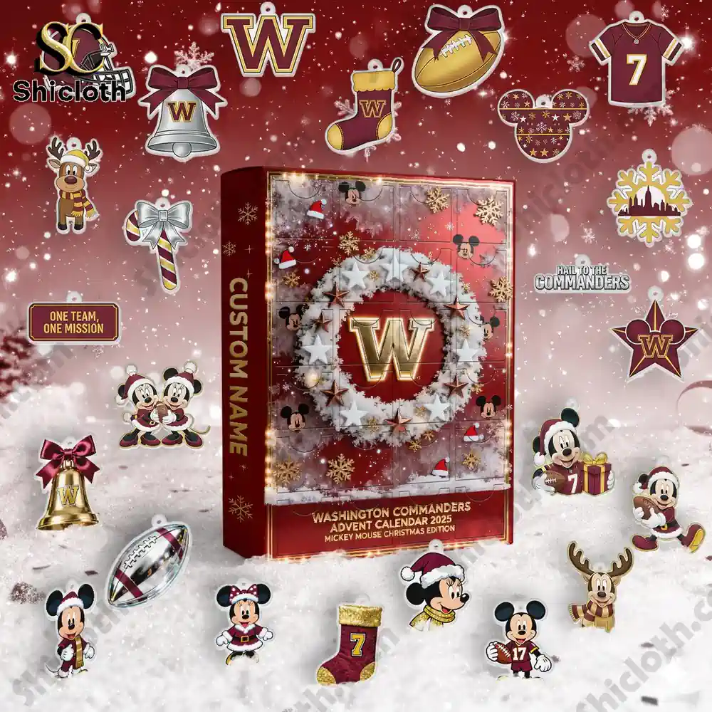 Washington Commanders Mickey Mouse Custom Name Advent Calendar 2025 3 Assortment of Washington Commanders themed ornaments and Mickey designs arranged around a Shicloth Advent calendar box on red snowy background!