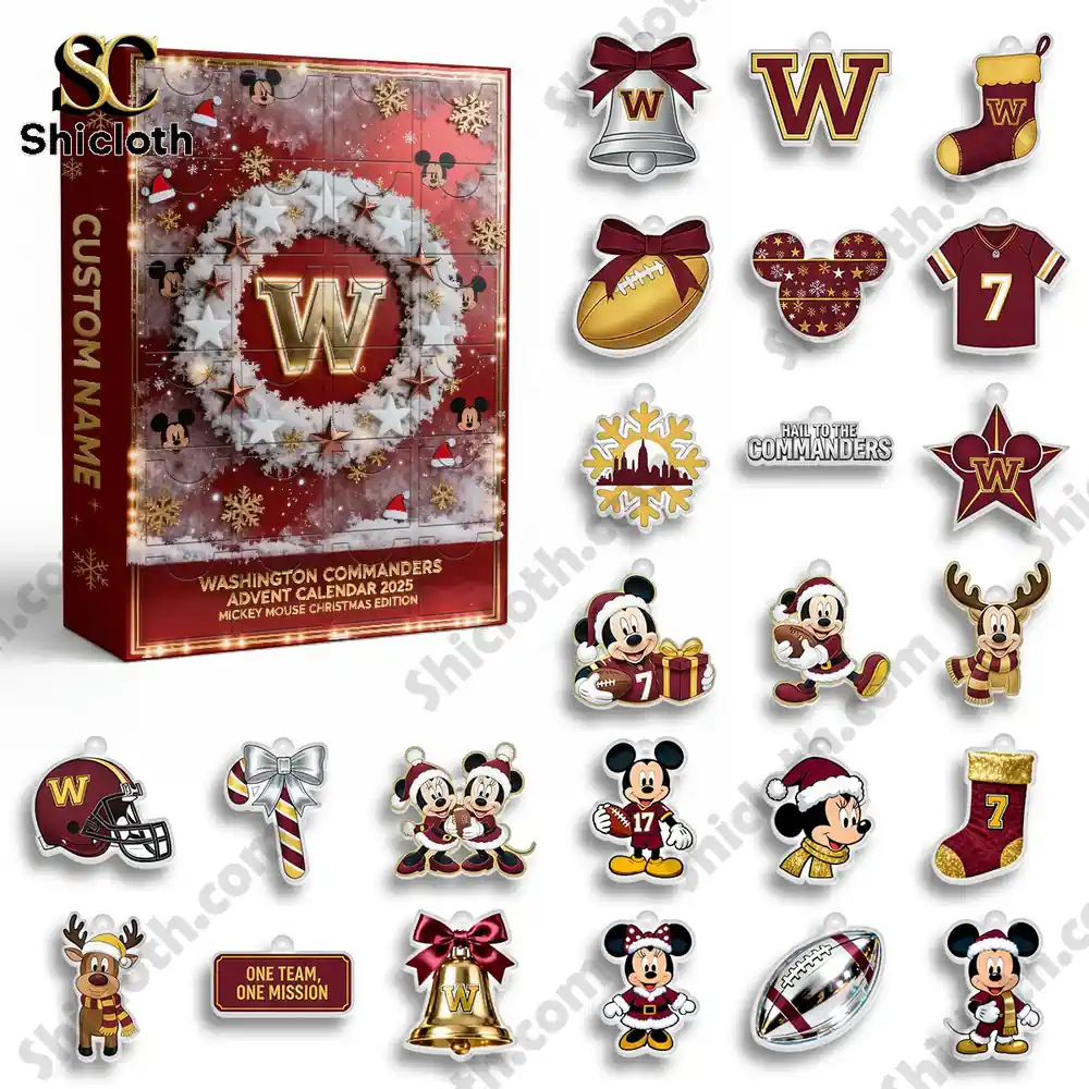 Washington Commanders Mickey Mouse Custom Name Advent Calendar 2025 4 Product mockup of Washington Commanders Advent calendar box with individual ornament closeups by Shicloth!