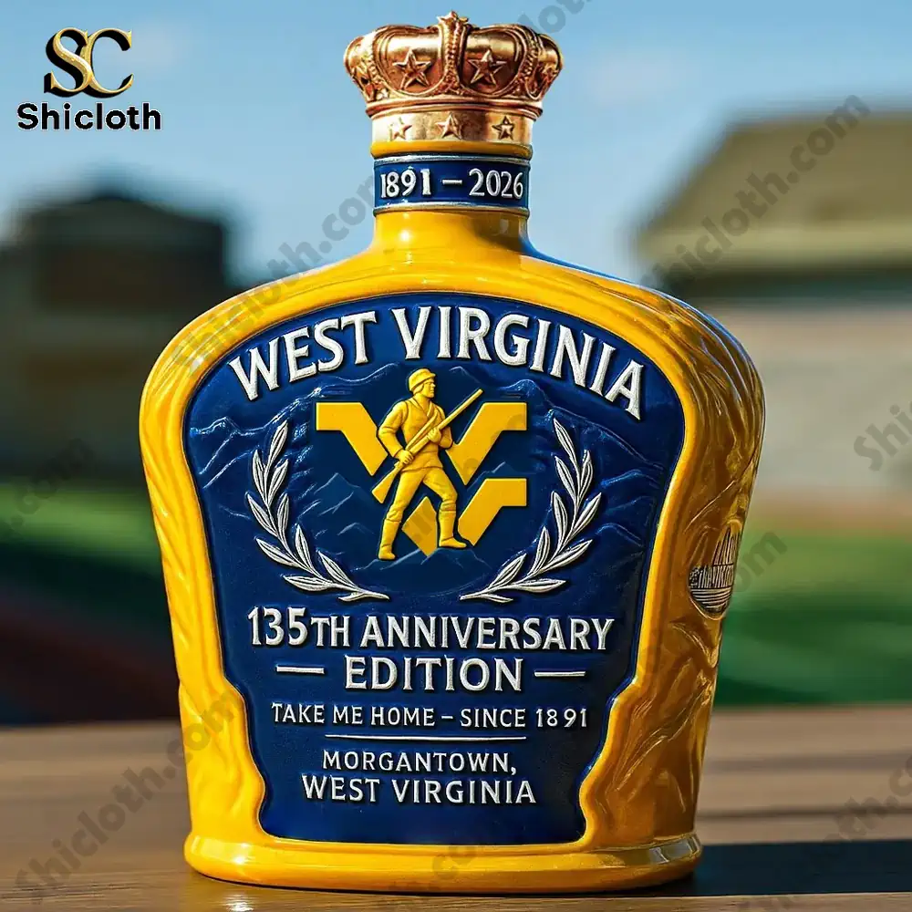 A single West Virginia anniversary bottle with a crown style cap displayed outdoors.