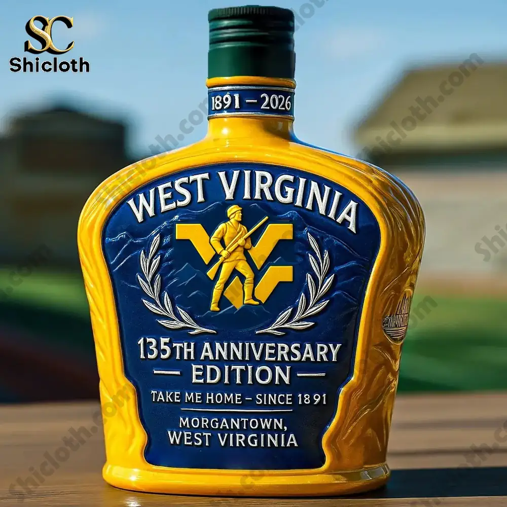 West Virginia 135th Anniversary Christmas Whiskey Bottle 4 A West Virginia anniversary bottle with a green cap placed on an outdoor table.