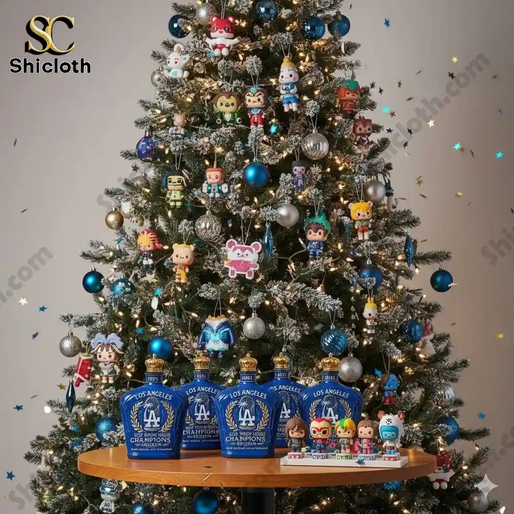 Christmas tree with Los Angeles Dodgers champions bottles and small character figures on a round table!