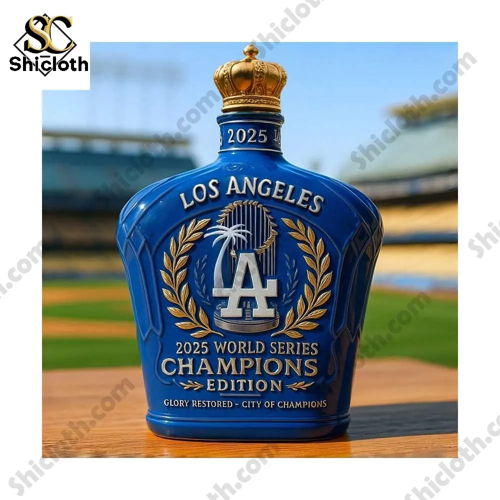 Los Angeles Dodgers champions bottle with a gold crown cap on a baseball field background!