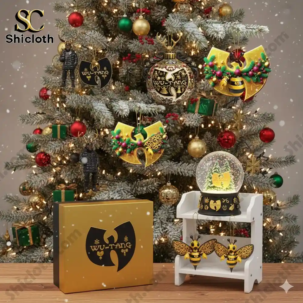 Christmas tree with Wu Tang themed ornaments and a Wu Tang gift box!