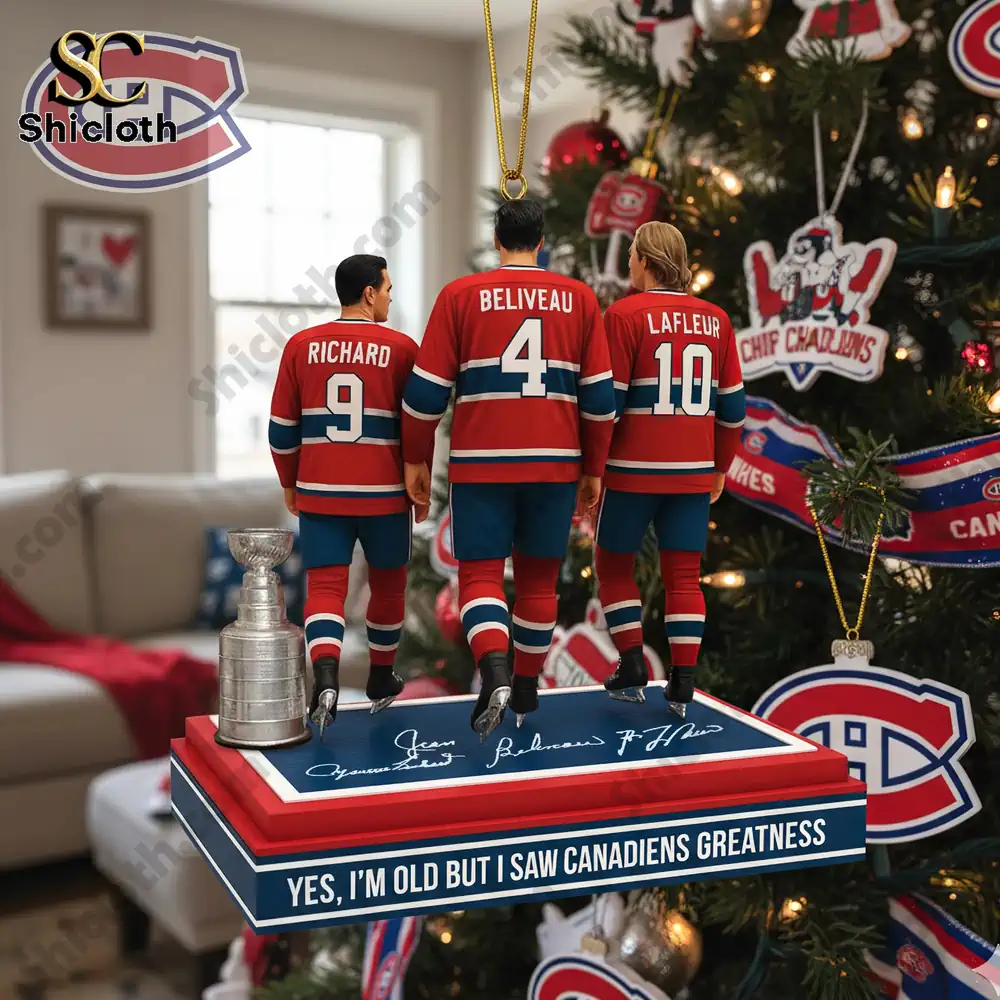 Montreal Canadiens legends ornament featuring Richard, Beliveau, and Lafleur with a Stanley Cup.