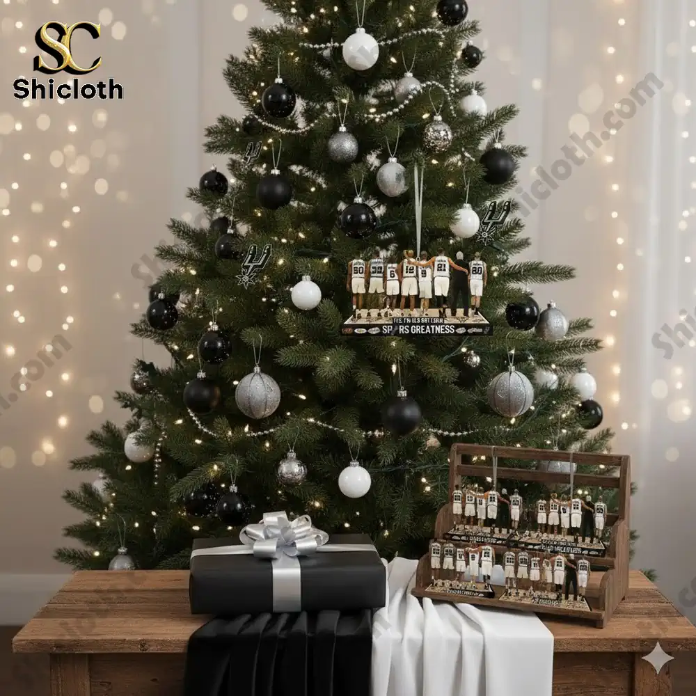 A beautifully decorated Christmas tree featuring an ornament showcasing iconic San Antonio Spurs players with a basketball theme.