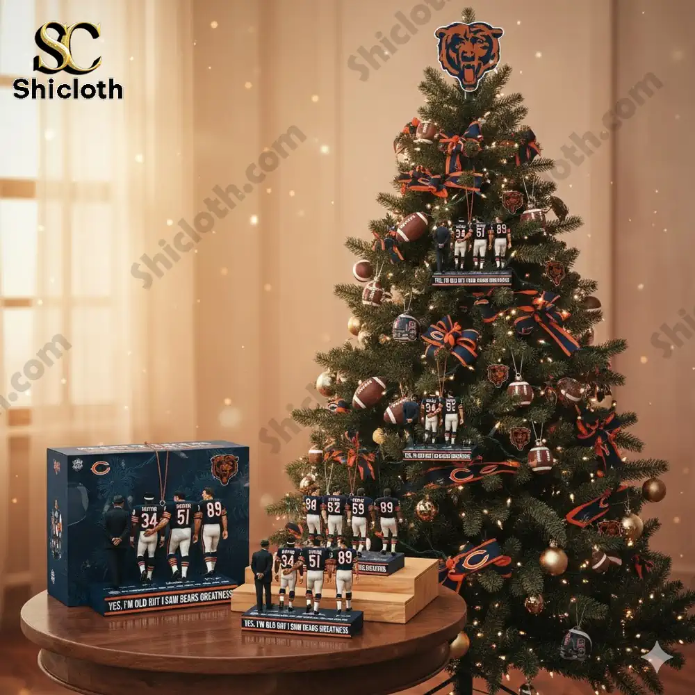 A Christmas tree decorated with Chicago Bears ornaments, featuring figurines and football decorations.