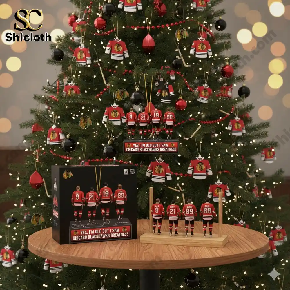 Christmas tree decorated with Chicago Blackhawks jerseys and player figurines.