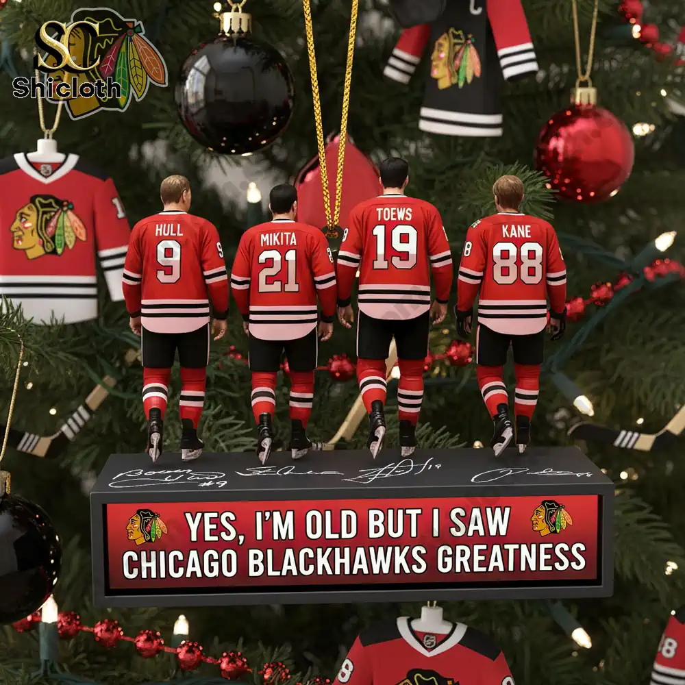 Player figurines of Chicago Blackhawks legends with a tribute message.