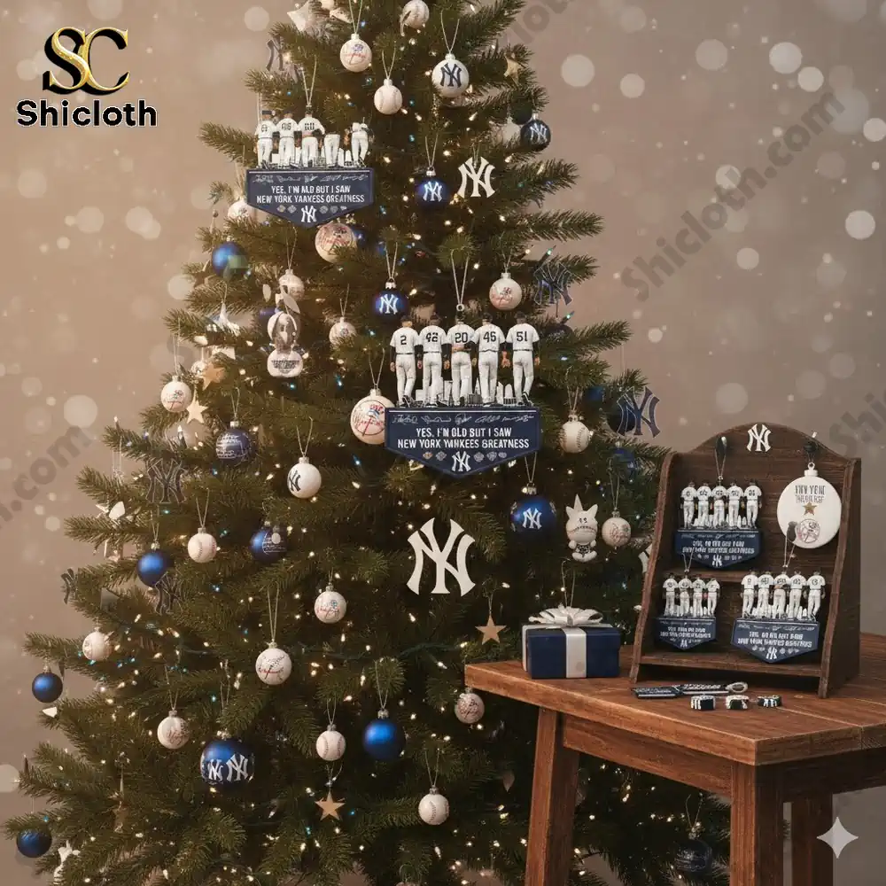A Christmas tree decorated with New York Yankees ornaments, featuring figures of famous players like Babe Ruth and Derek Jeter.