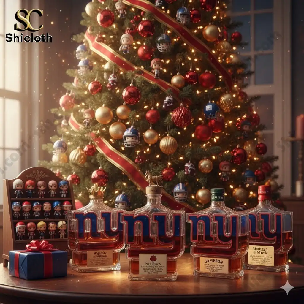 A Christmas tree decorated with football themed ornaments and several New York Giants logo bottles displayed on a table!