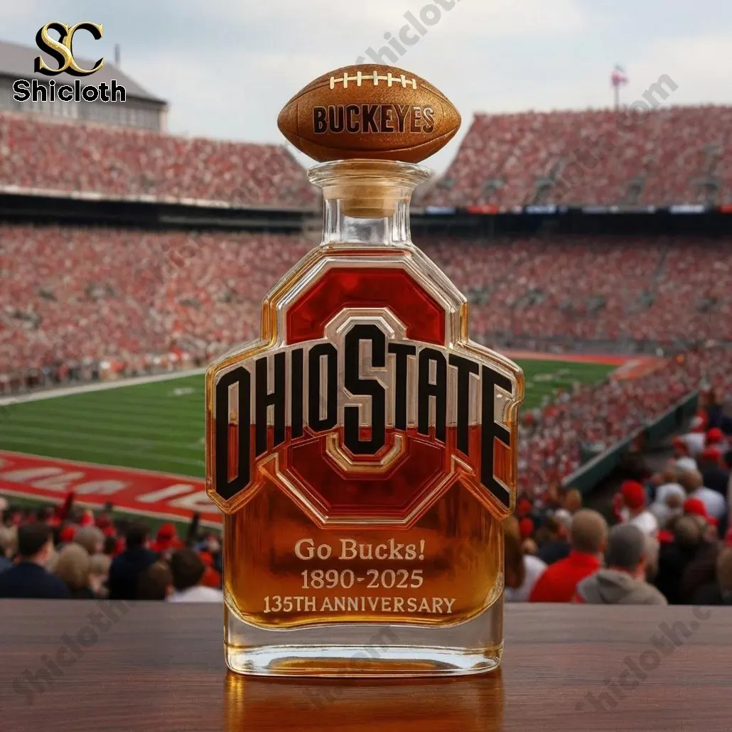 Ohio State themed whiskey bottle with a football stopper on a stadium background by Shicloth.