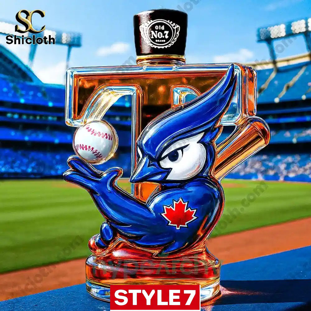 Toronto Blue Jays 2x World Series Champions Commemorative Whiskey Bottle 8 A custom bottle shaped like a blue jay holding a baseball with a black Old No7 cap on top!