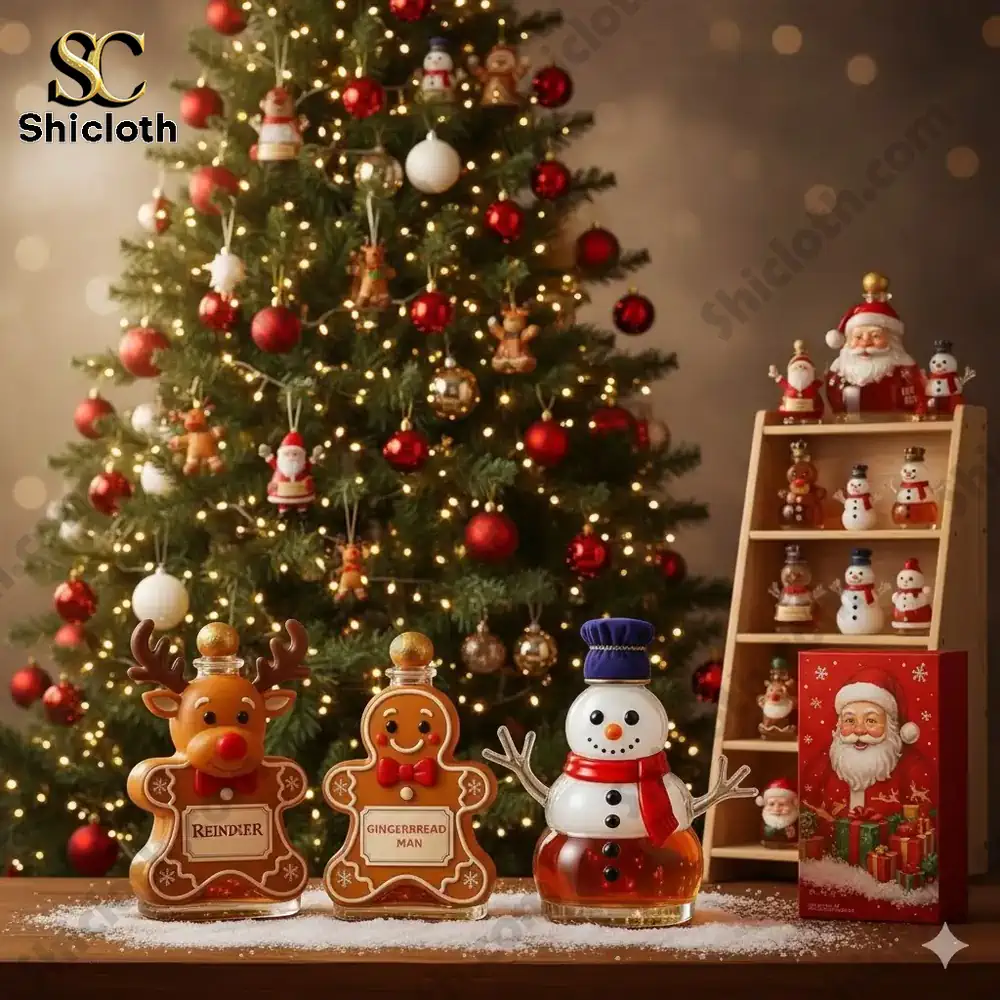 Christmas themed glass bottles shaped like Santa, reindeer, gingerbread man, and snowman in front of a decorated Christmas tree.