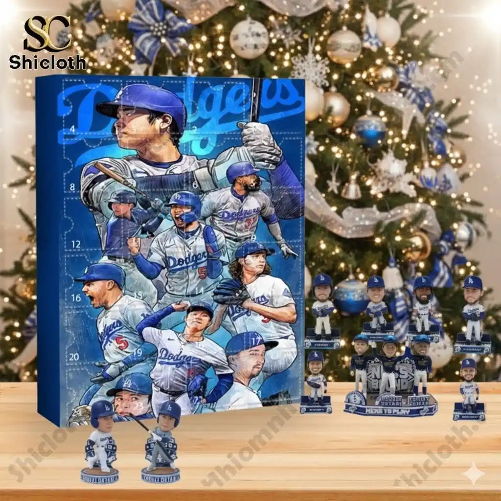 Los Angeles Dodgers advent calendar displayed in front of a decorated Christmas tree with ornaments!