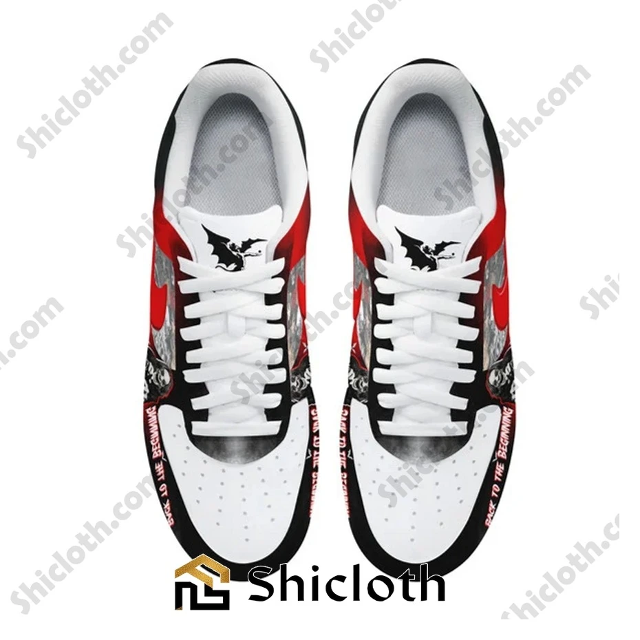Ozzy Osbourne Back to the Beginning Air Force 1 4 Top view of red black and white shoes showing bold graphic artwork and white laces with a bat design on the tongue!