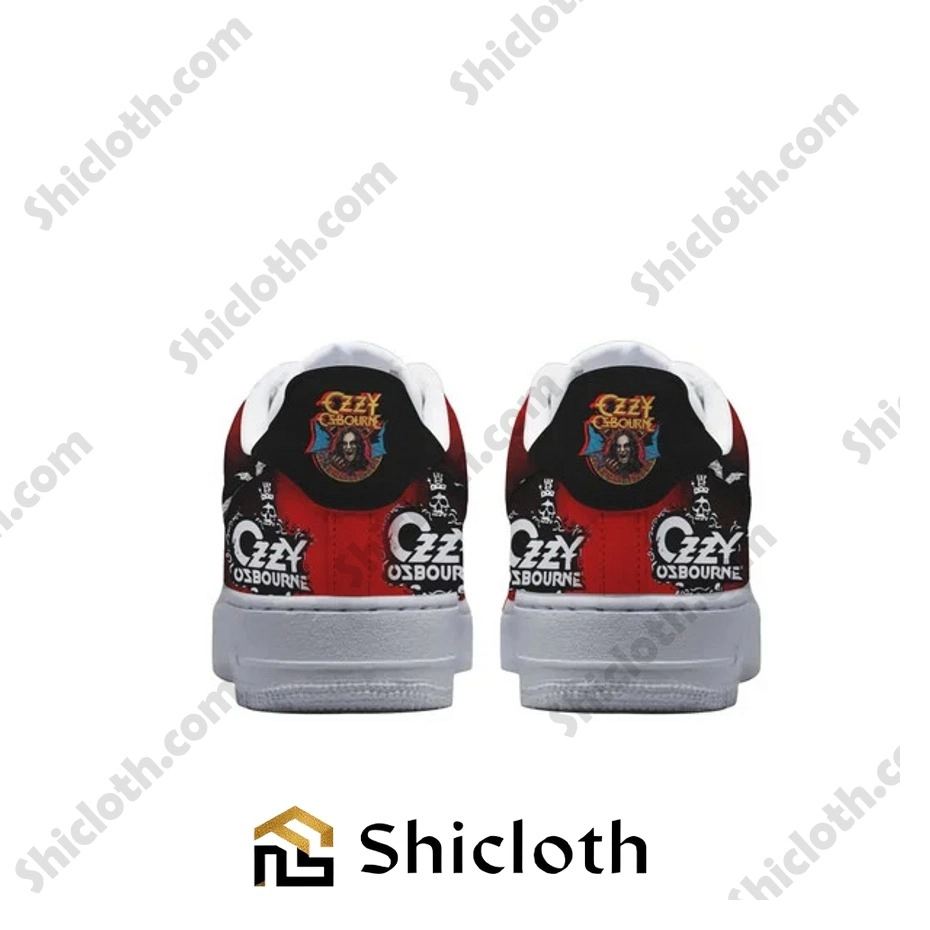 Ozzy Osbourne Back to the Beginning Air Force 1 5 Back view of red black and white shoes featuring bold logos and graphic artwork on the heel area!
