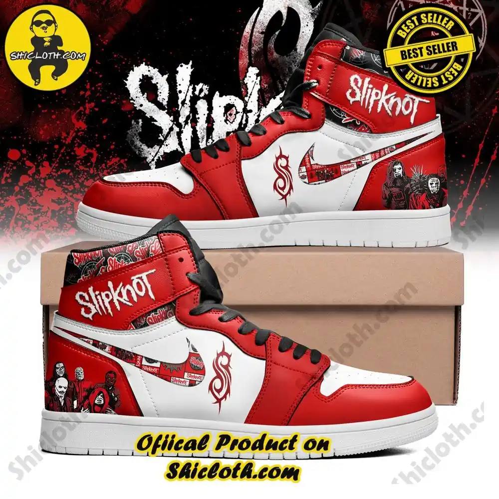 Red and white high top shoes with Slipknot themed artwork and logo on sides and tongue placed on a box with a dark red background!