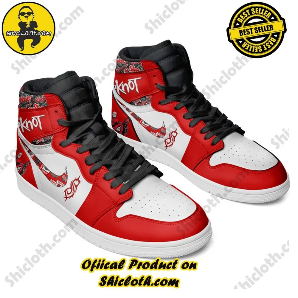 Custom Nike Slipknot Air Jordan 1 High Top 3 Top angled view of Slipknot themed red and white high top shoes with black laces and detailed band artwork on the sides!
