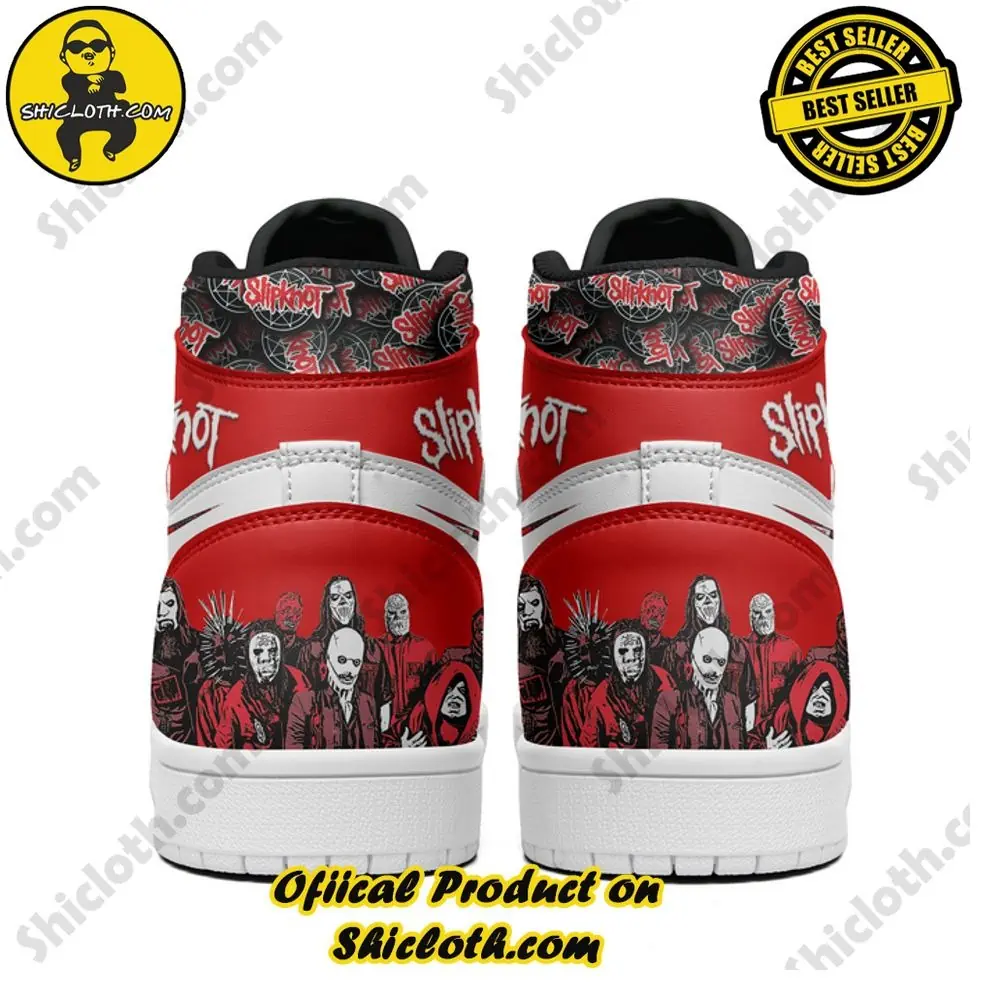 Custom Nike Slipknot Air Jordan 1 High Top 4 Back view of red and white Slipknot themed shoes showing illustrated band members and logo details!