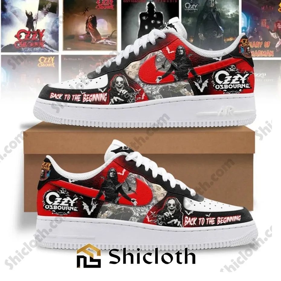 Side view of custom red black and white shoes displayed in front of multiple themed posters!