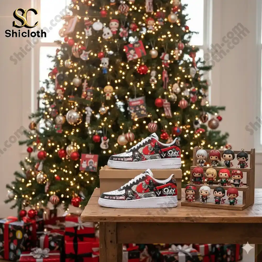Custom red black and white shoes displayed on a table in front of a Christmas tree with collectible figures nearby!