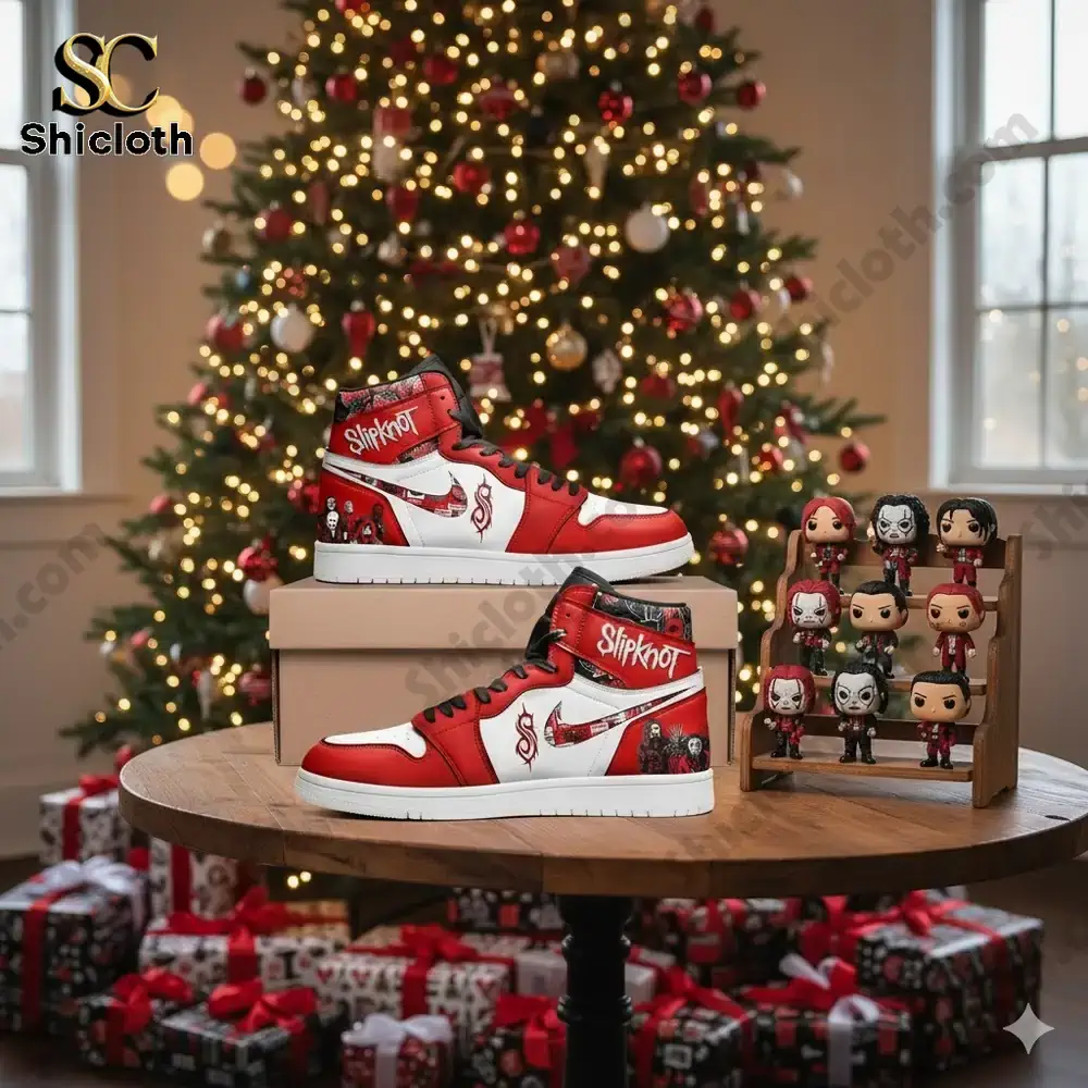 Slipknot themed red and white shoes displayed on a table in front of a Christmas tree with collectible figures nearby!