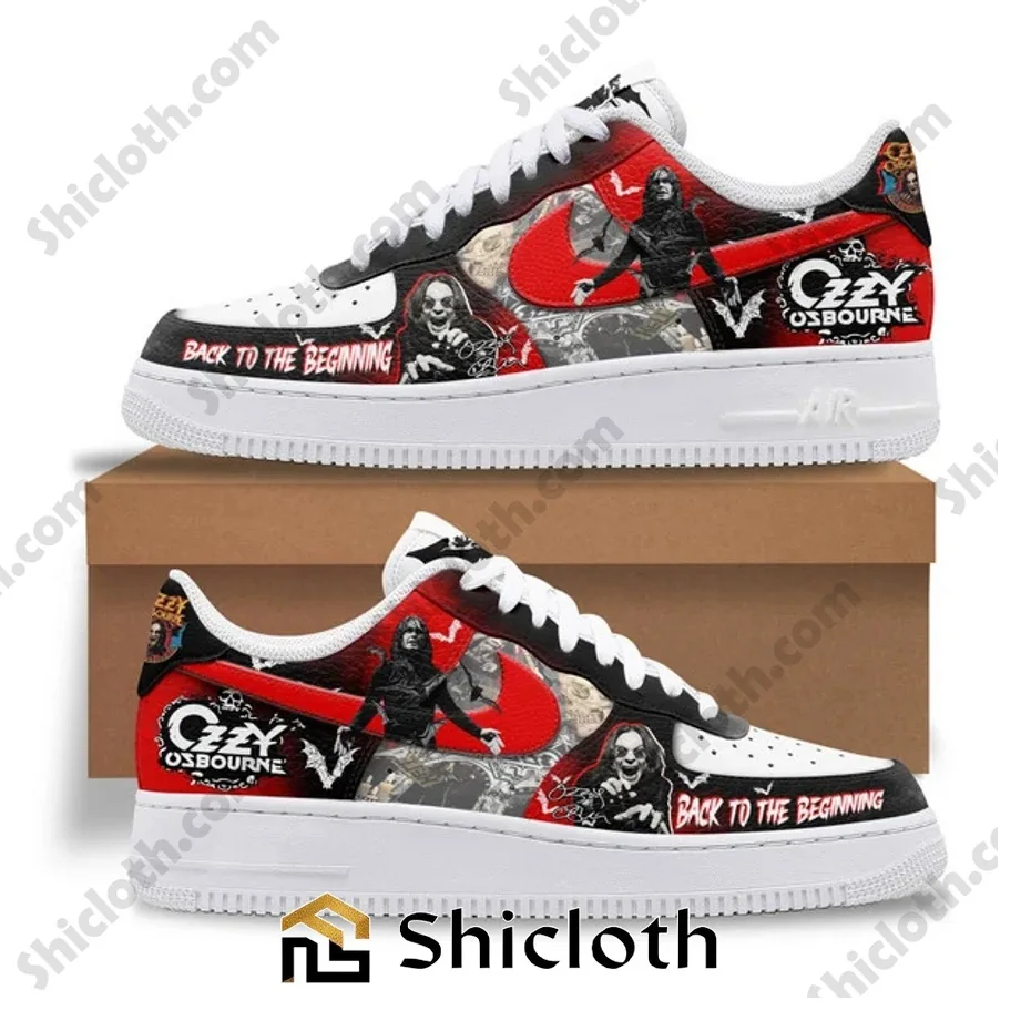 Ozzy Osbourne Back to the Beginning Air Force 1 3 Shoes with red black and white design featuring a musician theme on the sides and toe area showing bold graphics and text Back To The Beginning!