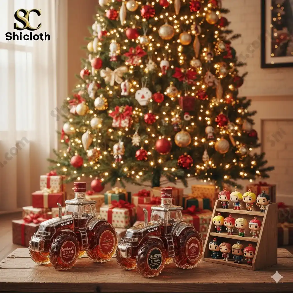 Two tractor shaped whiskey bottles displayed under a decorated Christmas tree.