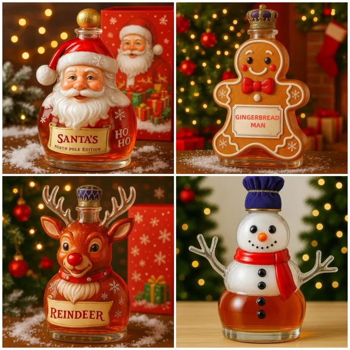 Four Christmas themed bottles shaped like Santa, reindeer, gingerbread man, and snowman arranged on a festive background.