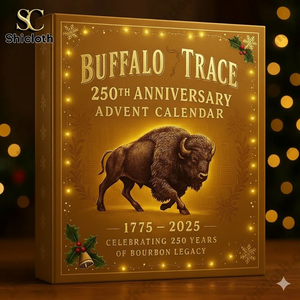 Limited Golden Buffalo Trace 250th Anniversary Advent Calendar 2025 4 Buffalo Trace advent calendar gift box set against warm Christmas lights!