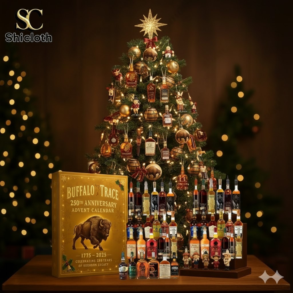 A glowing Christmas tree stands behind a Buffalo Trace advent calendar surrounded by many mini bourbon bottles!