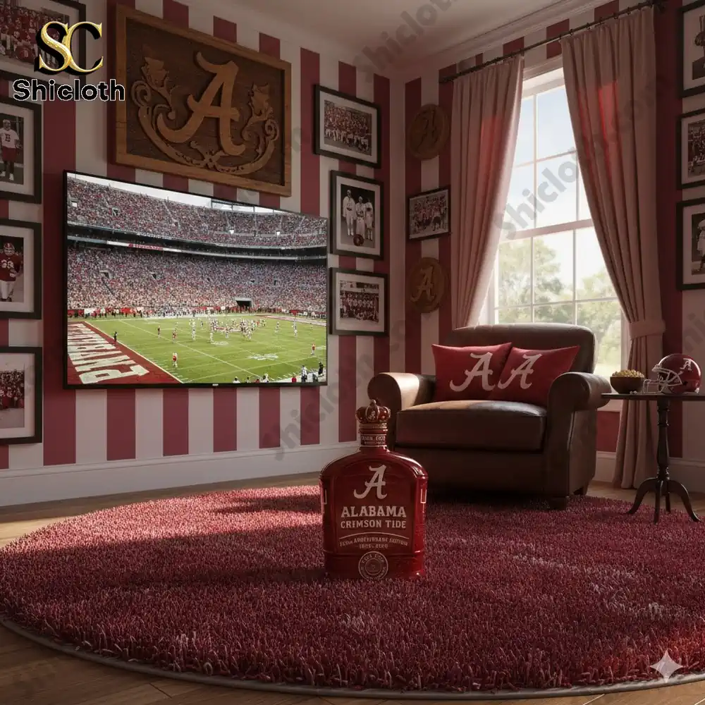 Alabama Crimson Tide themed living room with football game on TV and Shicloth decor!