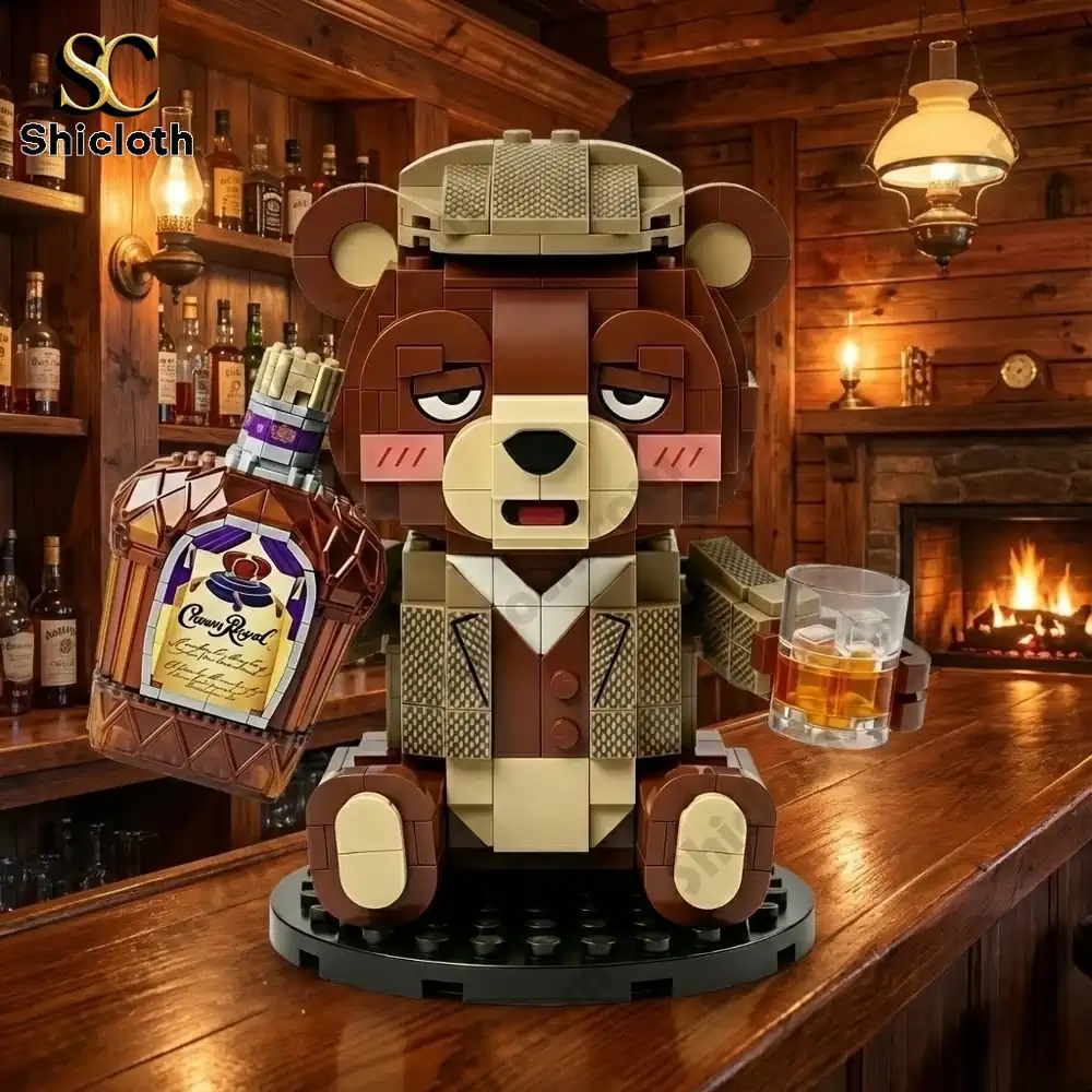 Bear brick figure holding a whiskey bottle and glass in a rustic bar setting!