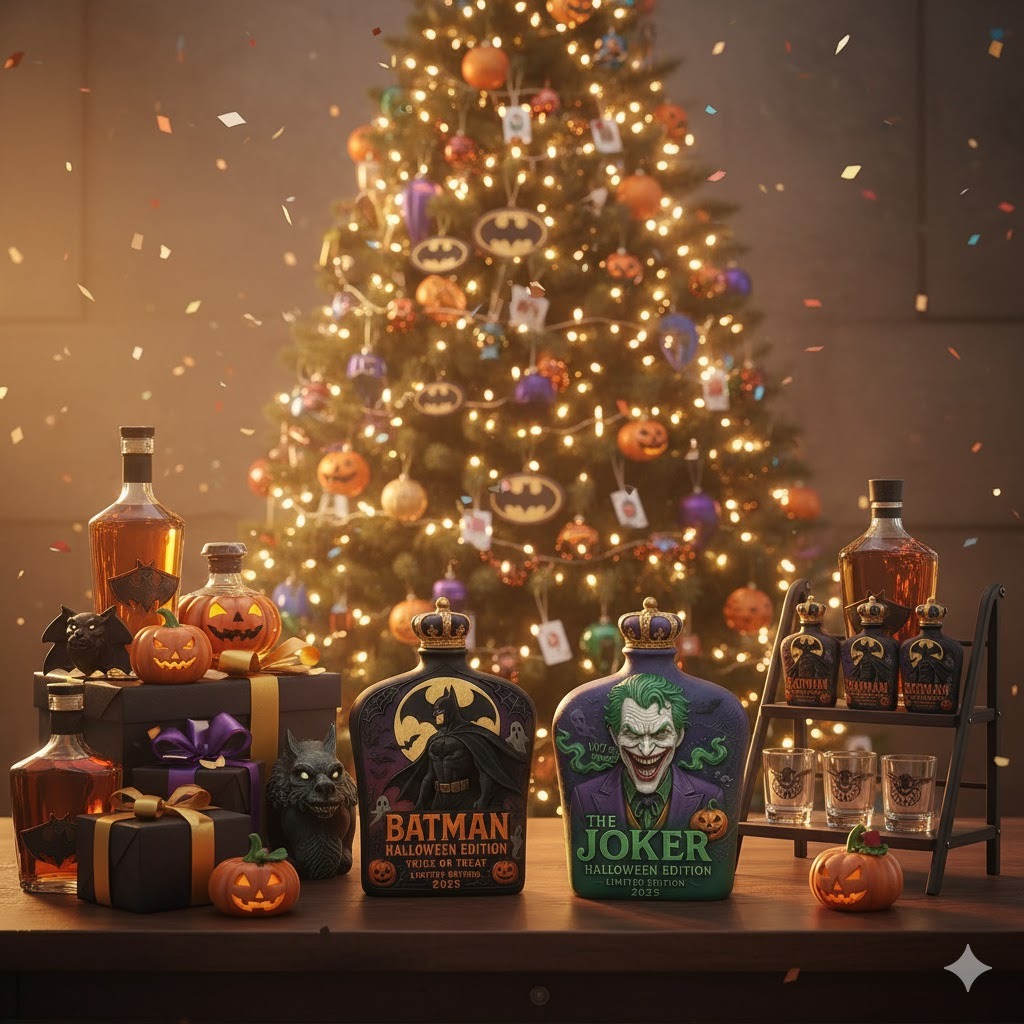 Halloween themed Batman and Joker whiskey bottles displayed in front of a decorated tree!