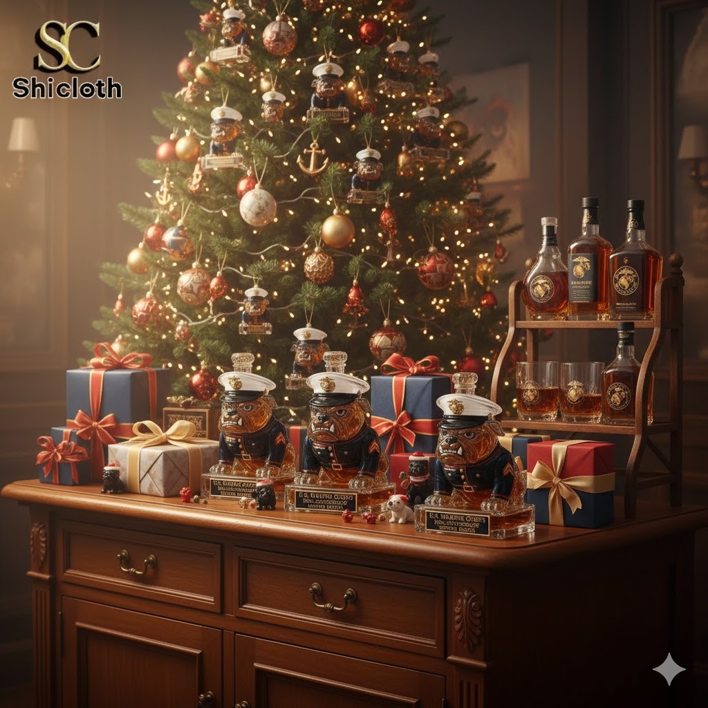 A decorated Christmas room with Marine themed bulldog whiskey bottles displayed on a wooden table in front of a lit Christmas tree.