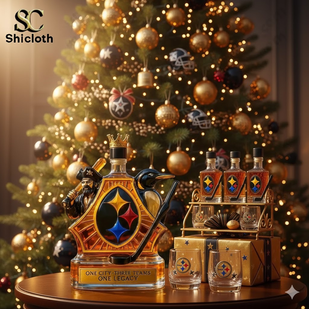 Holiday display featuring a decorative sports themed whiskey bottle and glasses in front of a Christmas tree with Shicloth branding!