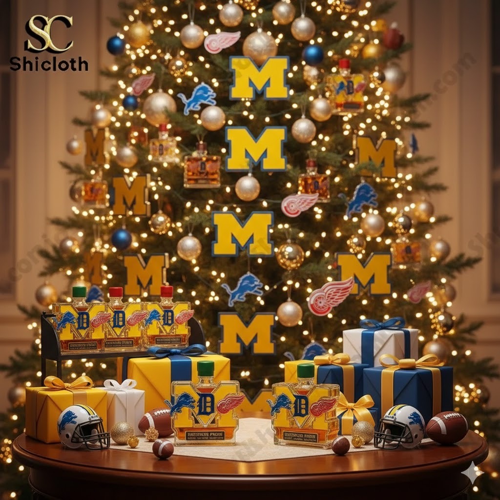 Christmas tree decorated with Michigan sports logos and Shicloth display bottles with gifts in front!