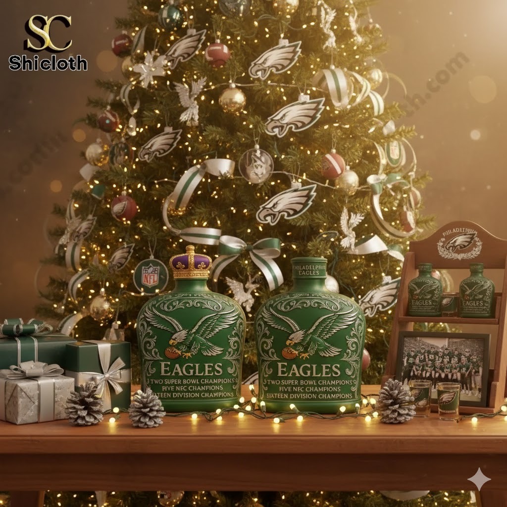 Christmas tree with Philadelphia Eagles decorations and Shicloth display bottles!